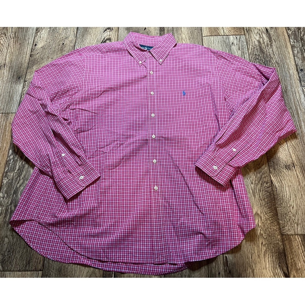 Ralph Lauren Button Front Shirt XXL 2XL Red White Blue Plaid Long Sleeved